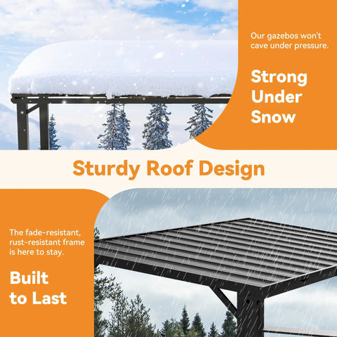 Hardtop Outdoor Grill Gazebo 12x6 with side shelf and hooks, sturdy rustproof steel frame, fade-resistant canopy in snow view