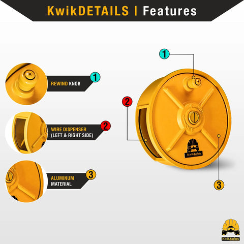 Close-up of Aluminum Tie Wire Reel Kit features, highlighting rewind knob, wire dispenser, and aluminum material for ironworkers.