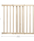 Walk-Through Top Of Stairs Baby Gate In Natural Wood With Four Point Mount, One Hand Release, dimensions visible