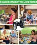 Wheel Chock Stabilizer With Rotatable Sides For RV And Travel Trailer Tires enhances stability in RV interior scenes.