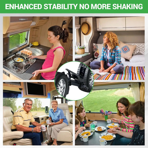 Wheel Chock Stabilizer With Rotatable Sides For RV And Travel Trailer Tires enhances stability in RV interior scenes.