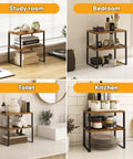 Stackable Kitchen Cabinet Organizer Shelf Set Of Four Rustic Brown Wood Counter Display Featuring Slick Metal Legs in study and kitchen layouts.