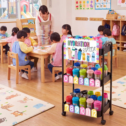 Classroom with Hydration Station Top Notch Classroom Rolling Cart With 3 Tier Plastic Bottle Organizer, black finish, kids around.