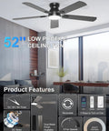 Sleek 52 Inch Black Flush Mount Ceiling Fan With Low Profile Frame And Soft Ambient Lighting Delivers Solid Airflow Without Dropping Down Or Cluttering Your Space in a modern room.