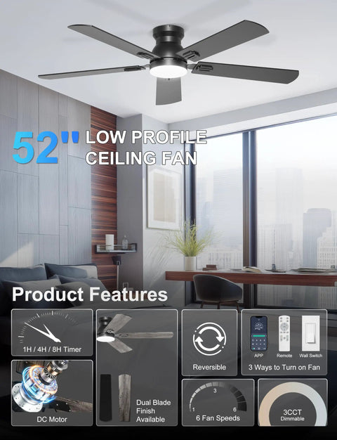 Sleek 52 Inch Black Flush Mount Ceiling Fan With Low Profile Frame And Soft Ambient Lighting Delivers Solid Airflow Without Dropping Down Or Cluttering Your Space in a modern room.