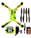 Top view of Waterproof Fishing Drone With 7 Pound Bait Release, HD Camera, Ready To Fly, Automatic Return, and accessories displayed.