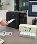 Heavy Duty Adhesive Cleaning Cards For Id Card Printers Cr80 Roller Maintenance Works With Fargo Datacard Plus Matica shown in office setup.