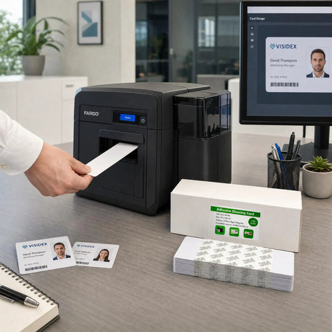 Heavy Duty Adhesive Cleaning Cards For Id Card Printers Cr80 Roller Maintenance Works With Fargo Datacard Plus Matica shown in office setup.