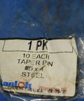 Rock Solid Taper Pins Pack Of Ten Size Five Diameter Four Inch Overall Length Heavy Steel Shop Essential Built Tough No Slack Made In USA For Serious Mechanics packaging with label showing taper pin details.