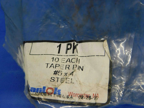 Rock Solid Taper Pins Pack Of Ten Size Five Diameter Four Inch Overall Length Heavy Steel Shop Essential Built Tough No Slack Made In USA For Serious Mechanics packaging with label showing taper pin details.