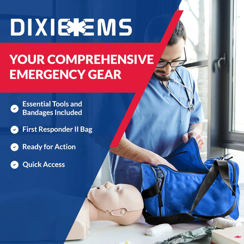 Blue First Responder II trauma kit bag opened on a table beside a CPR mannequin and medic in scrubs.