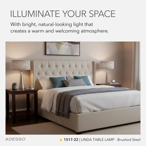 Linda 21.5 Inch Table Lamp In Brushed Steel With Light Gray Textured Fabric Shade on bedroom nightstands