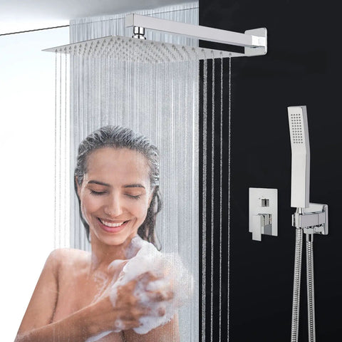 Woman enjoying Ultimate Rain Shower System With Dual Heads, Ceiling Mounted High Pressure Flow, Chrome 12 Inch Showerhead