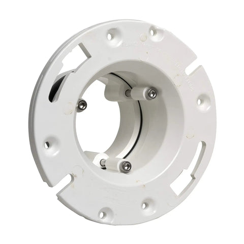 Four Inch Closet Flange Replacement For Toilets With Adjustable Compression Joint, white flange with steel bolts visible
