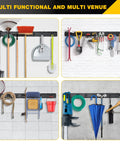 Wall Mount Garage Tool Organizer With 48 Inch Rails And 7 Adjustable Beefy Heavy Duty Hooks Garden Tool Organizer 10 Pack Carries 440 Lbs Heavy Duty Garage Storage Rack For Yard Shed Easy To Install, showing various tools hanging on black rails in different settings.