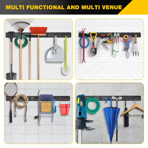 Wall Mount Garage Tool Organizer With 48 Inch Rails And 7 Adjustable Beefy Heavy Duty Hooks Garden Tool Organizer 10 Pack Carries 440 Lbs Heavy Duty Garage Storage Rack For Yard Shed Easy To Install, showing various tools hanging on black rails in different settings.