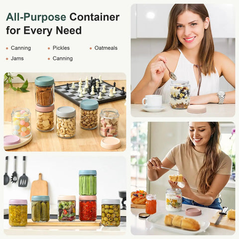 Collage of six pack 16 oz glass jars with airtight lids for overnight oats, snacks, and meal prep, wide mouth mason jars for storage