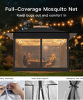 13x13 Pop Up Gazebo Canopy No Fuss Backyard Patio With Mosquito Netting, Easy Setup One Push Center Lock, Wheeled Carry Bag, Grey Party Tent Shelter For Lawn Garden Deck, fully covered with mosquito netting, lit with string lights, showing easy assembly, dual-side zippers.