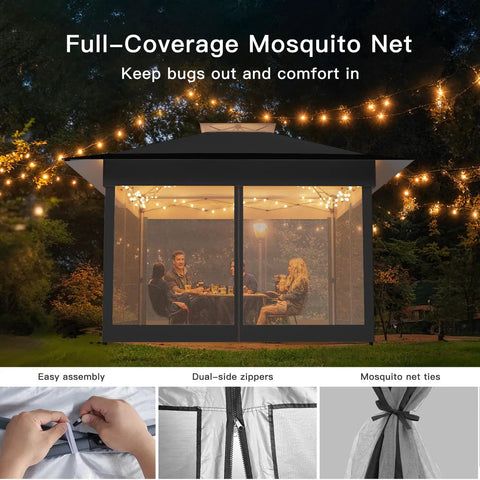 13x13 Pop Up Gazebo Canopy No Fuss Backyard Patio With Mosquito Netting, Easy Setup One Push Center Lock, Wheeled Carry Bag, Grey Party Tent Shelter For Lawn Garden Deck, fully covered with mosquito netting, lit with string lights, showing easy assembly, dual-side zippers.