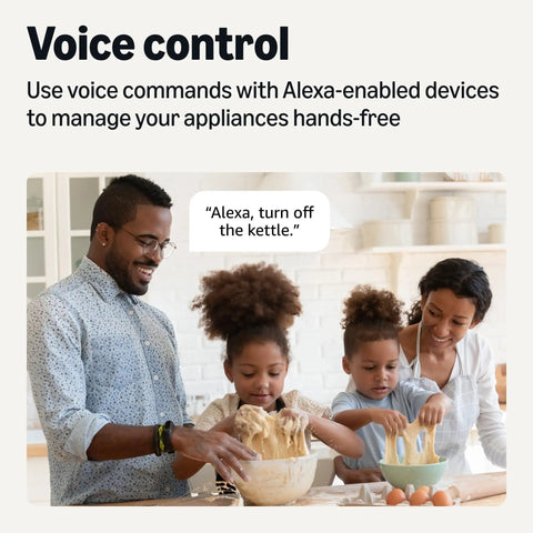 Family using Alexa Compatible Smart Plug 4 Pack With Remote App Control And Voice Commands Schedule Timers in kitchen