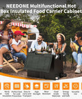 127 Qt Food Warmer Hot Box Carrier with Lockable Wheels at outdoor party, people enjoying food and drinks, camping setup