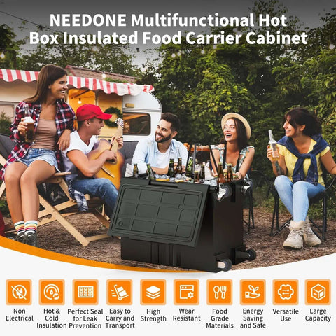 127 Qt Food Warmer Hot Box Carrier with Lockable Wheels at outdoor party, people enjoying food and drinks, camping setup