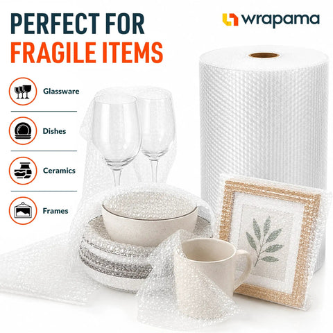 2 Pack Bubble Roll Wrap 100 Ft By 12 In Clear With Three Sixteenth Inch Small Bubbles around glassware, dishes, and frame