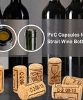 Top Shelf Home Winemaking Gear 100 Natural Wine Corks Plus 100 Heat Shrink Caps in front of wine bottles, showing corks and PVC capsules.