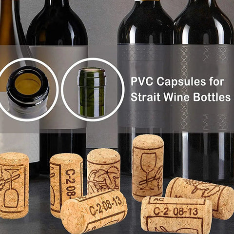 Top Shelf Home Winemaking Gear 100 Natural Wine Corks Plus 100 Heat Shrink Caps in front of wine bottles, showing corks and PVC capsules.