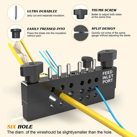 Beastly Split Type Scrap Copper Wire Stripper Kit with wire insertion into six-hole feed inlet for 0.07 to 0.35 inch wires.
