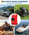 Upgraded 16 Gallon Gas Tank With Manual Transfer Pump And 10 Ft Hose Portable Gas Can On Casters Leak Proof Fuel Container shown with car, lawn mower, ATV, and boat.