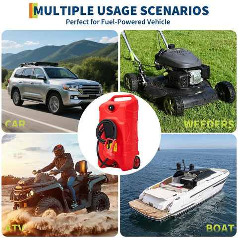 Upgraded 16 Gallon Gas Tank With Manual Transfer Pump And 10 Ft Hose Portable Gas Can On Casters Leak Proof Fuel Container shown with car, lawn mower, ATV, and boat.