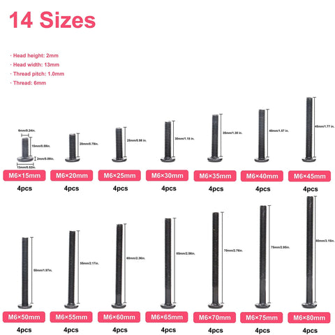 114 Piece Black M6 Allen Bolts Kit With Flat Head Socket Cap Screws And Cap Nuts For Furniture Chairs Beds And Cribs 15Mm To 80Mm Range Includes Hex Key And Bit For Easy DIY Assembly, showing various bolt sizes from 15mm to 80mm.