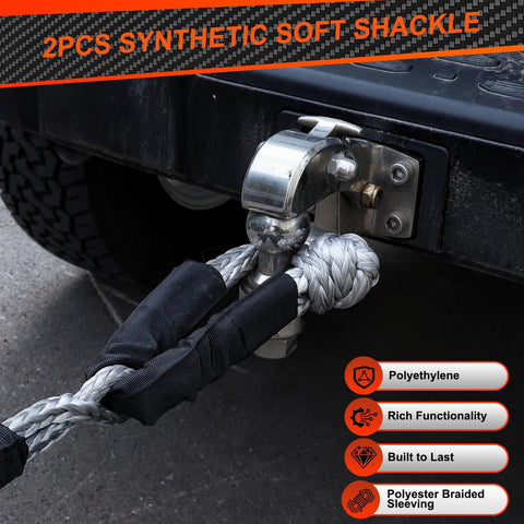 Two Pack 1/2 Inch By 22 Inch Synthetic Soft Shackles for offroad recovery and towing, attached to vehicle, gray