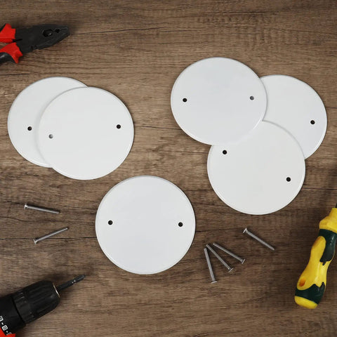 4 Pack 5 Inch Metal Ceiling Cover Plates Round White Flat Blank Wall Plate With Screws 3.5 Inch Hole Spacing on tabletop
