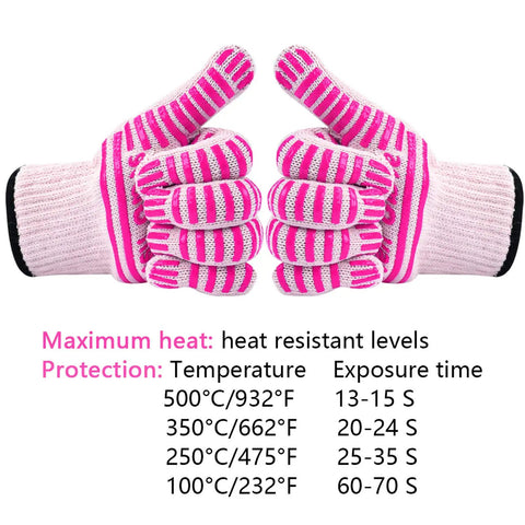 Extreme Heat Resistant Oven Gloves for BBQ Grilling and Baking Pink Heat Proof Cooking Mitts with Superior Grip, front view