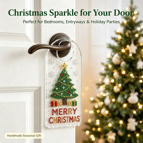 Create Your Own Stunning DIY Pearl Crystal Door Hanger Kit With Sparkling Diamond Accents For A Festive Tree Theme That Makes Any Doorknob Look Just Perfect For Holiday Seasons And Special Occasions Year Round clear acrylic Christmas door hanger on white door