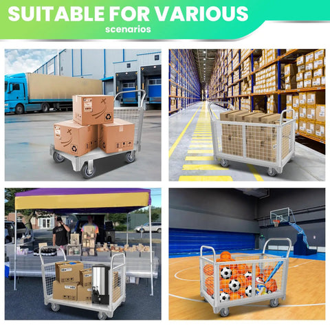 5 In 1 Foldable Flatbed Cart And Heavy Duty Cage Dolly With 2200 Lb Capacity And Smooth Rolling Swivel Casters used for transporting boxes and sports gear.
