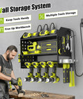 Power Tool Organizer Wall Mount With Charging Station And 6-Outlet Power Strip, 3-Tier Garage Shelf Black, Keeps Tools Charged And Ready To Roll In Your Busy Workshop. wall-mounted black metal rack with cordless drills, batteries, and hand tools