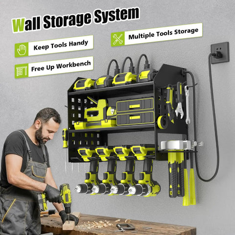 Power Tool Organizer Wall Mount With Charging Station And 6-Outlet Power Strip, 3-Tier Garage Shelf Black, Keeps Tools Charged And Ready To Roll In Your Busy Workshop. wall-mounted black metal rack with cordless drills, batteries, and hand tools