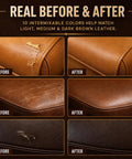No Sweat Brown Leather And Vinyl Repair Kit Blends Dark Light Tan Chocolate Colors For Couch Sofa Chair Car Seat And Boots Effortless Invisible Diy Patch Fix Up Today showing before and after images of leather repair.