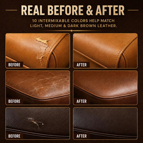 No Sweat Brown Leather And Vinyl Repair Kit Blends Dark Light Tan Chocolate Colors For Couch Sofa Chair Car Seat And Boots Effortless Invisible Diy Patch Fix Up Today showing before and after images of leather repair.