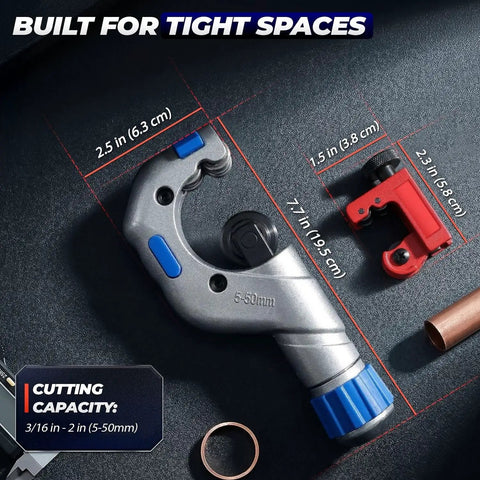 Heavy Duty Copper Pipe Cutter Set With Mini Tube Cutter For Quarter Inch To Two Inch Copper PVC Aluminum Brass Metal Tubing Tools For Home DIY Repairs And Everyday Plumbing Projects, showing main cutter with dimensions and mini cutter.
