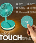 Rechargeable Portable Fan With USB-C, Wireless Battery Operated, 4 Speeds, LED Lighting, Remote Control, Mint Case on table