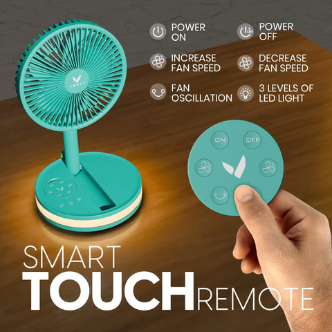 Rechargeable Portable Fan With USB-C, Wireless Battery Operated, 4 Speeds, LED Lighting, Remote Control, Mint Case on table