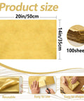 Gold Metallic Tissue Paper Pack 100 Sheets 14 By 20 Inches for Gift Bags and Wrapping shown with dimensions and features