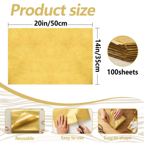 Gold Metallic Tissue Paper Pack 100 Sheets 14 By 20 Inches for Gift Bags and Wrapping shown with dimensions and features