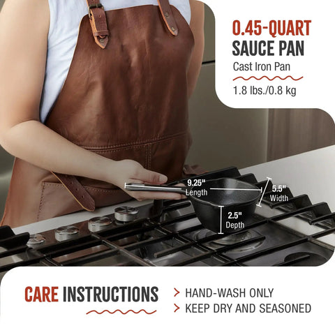 Person holding 0.45-quart cast iron saucepan with flaxseed oil seasoning on stovetop, displaying dimensions of cooking pot.