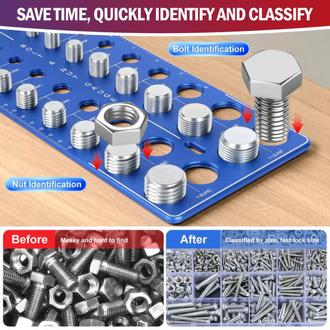 Thread checker gauge set on blue board with nuts and bolts; 76 pcs (34 standard, 26 metric, 16 screw sizes) by Amazon
