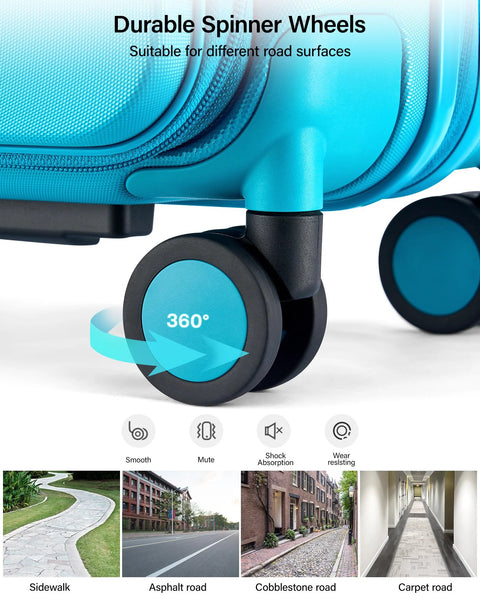 Durable spinner wheels of Expandable 20 Inch Carry On Luggage With Top Opening Design Caribbean Blue Hard Shell Roller Suitcase